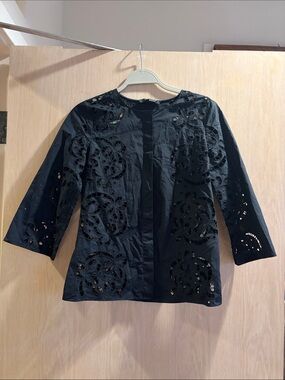 Theory Black Eyelet Cutout Cotton Blouse